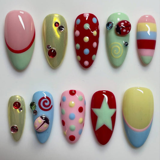 Playful Candy Swirl & Polka Dot Press On Nails with 3D Accents