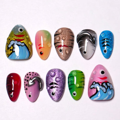 Playful Fish Cartoon 3D Press On Nails