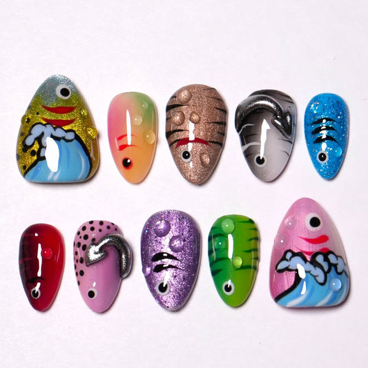 Playful Fish Cartoon 3D Press On Nails