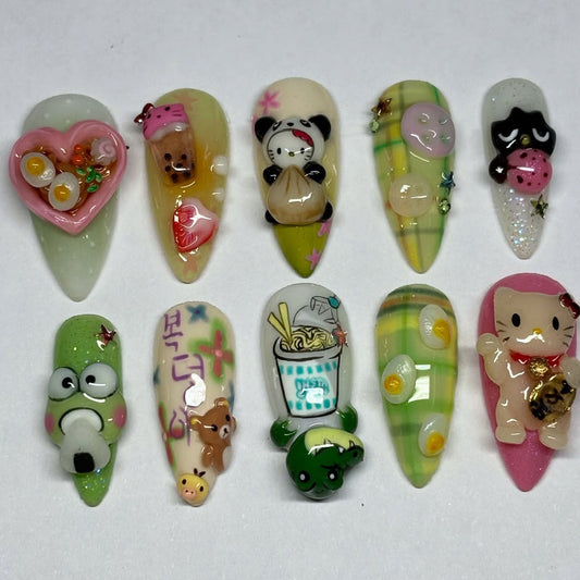 Playful Kawaii Stiletto Press On Nails with Cute Charm