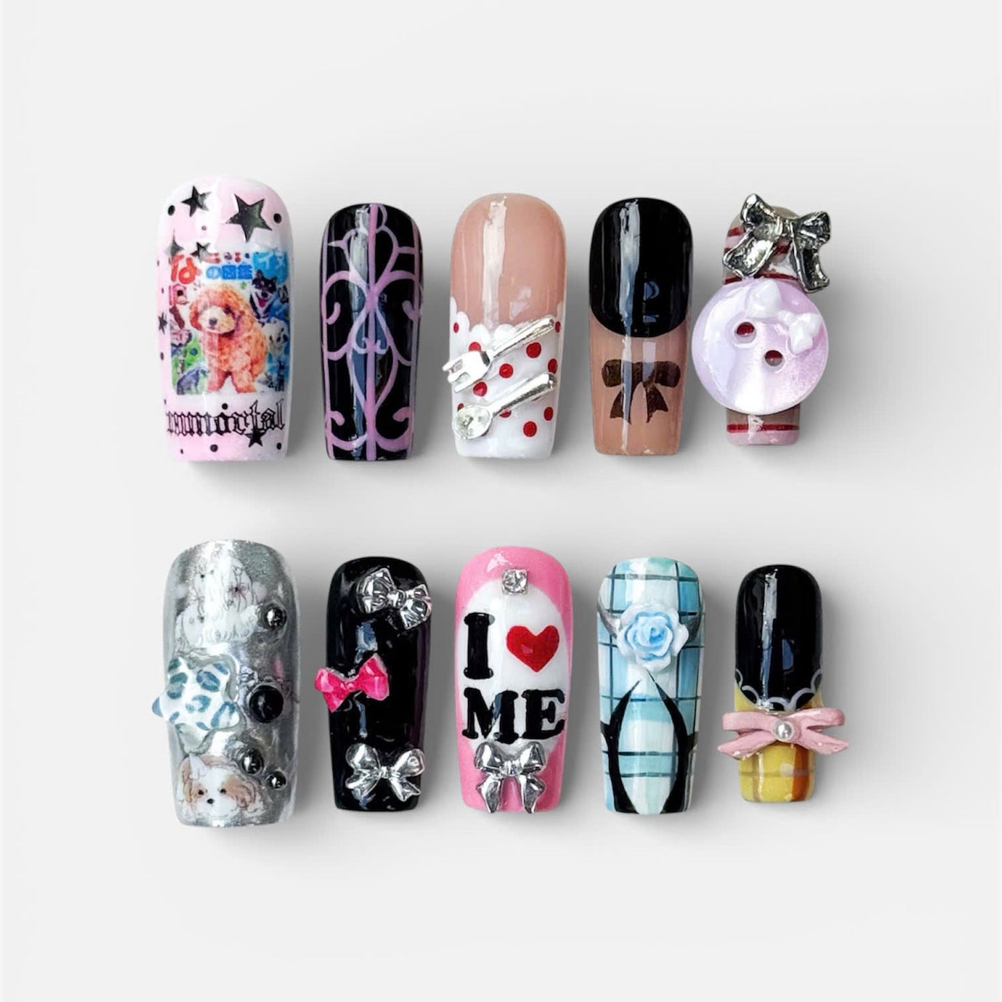 Playful Mixed Style Press On Nails Handmade Cute Art Set