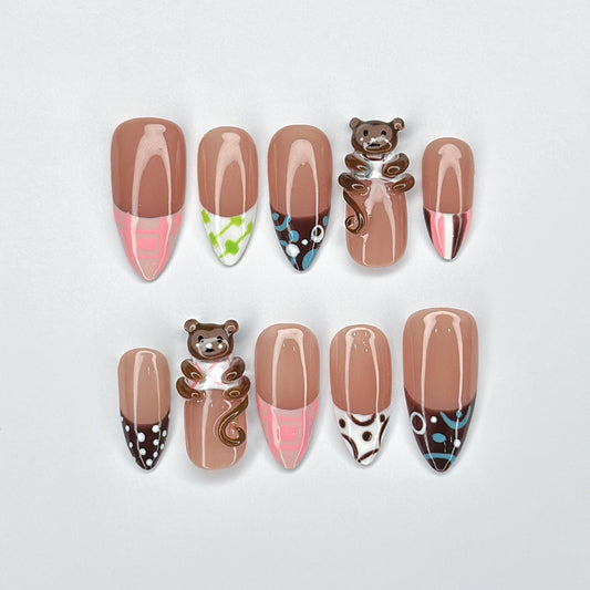 Playful Monkey 3D Press On Nails with Colorful Designs