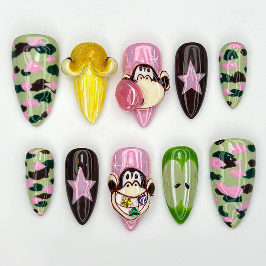 Playful Monkey Banana Camo Press On Nails