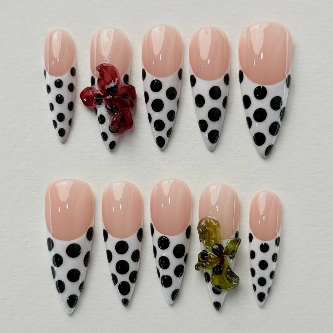 Polka Dot Floral Stiletto Handmade Press On Nails Set