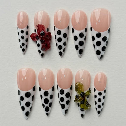 Polka Dot Floral Stiletto Handmade Press On Nails Set