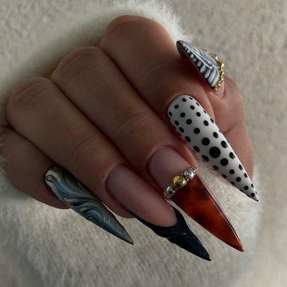 Polka Dot Tortoiseshell Stiletto Press On Nail Set Black White Abstract Art