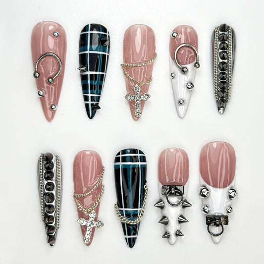 Punk Cross Chain Press On Nails - Gothic Punk Chain Press On Nails