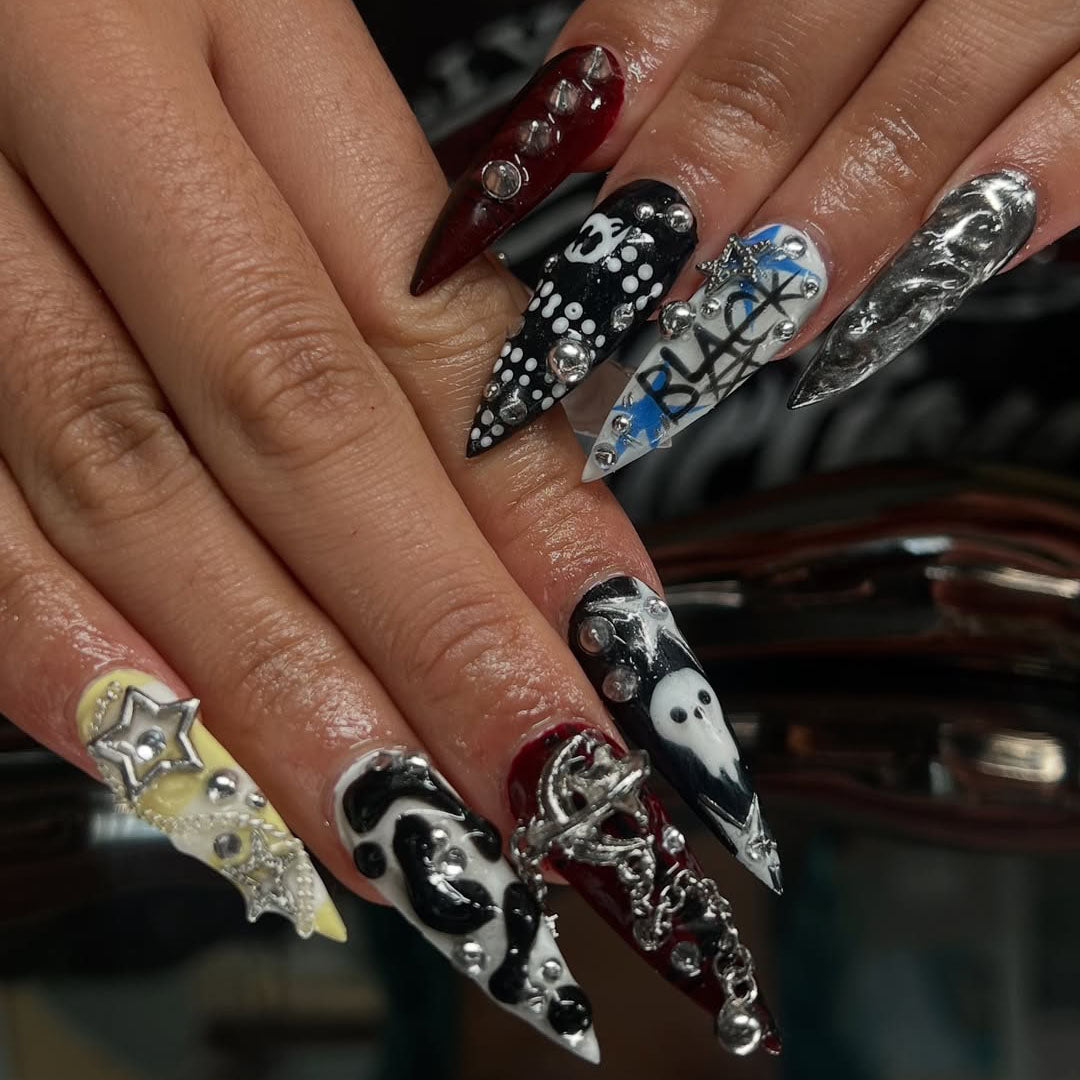 Punk Gothic Press-On Nails with Chains, Stars, Ghosts, and Graffiti Art