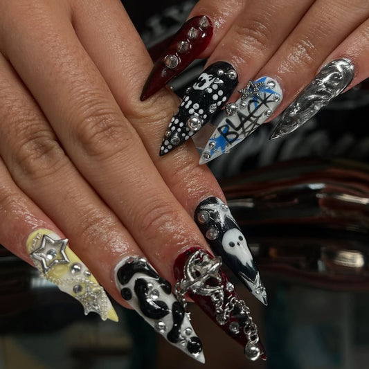 Punk Gothic Press-On Nails with Chains, Stars, Ghosts, and Graffiti Art