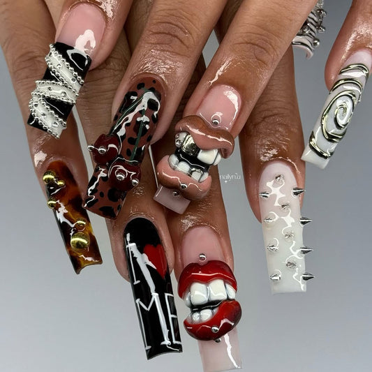 Punk Rock Gothic Press-On Nails with 3D Lips and Metal Spikes