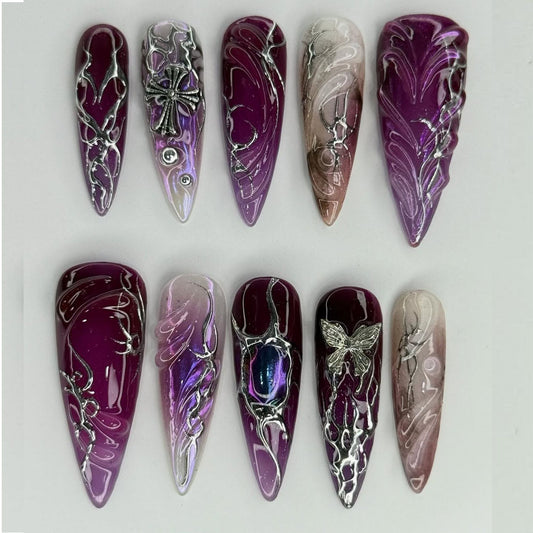 Purple Gothic Press On Nails with 3D Embellishments
