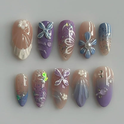 Purple Ombre Butterfly Floral Sparkle Handmade Nails