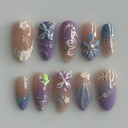 Purple Ombre Butterfly Floral Sparkle Handmade Nails