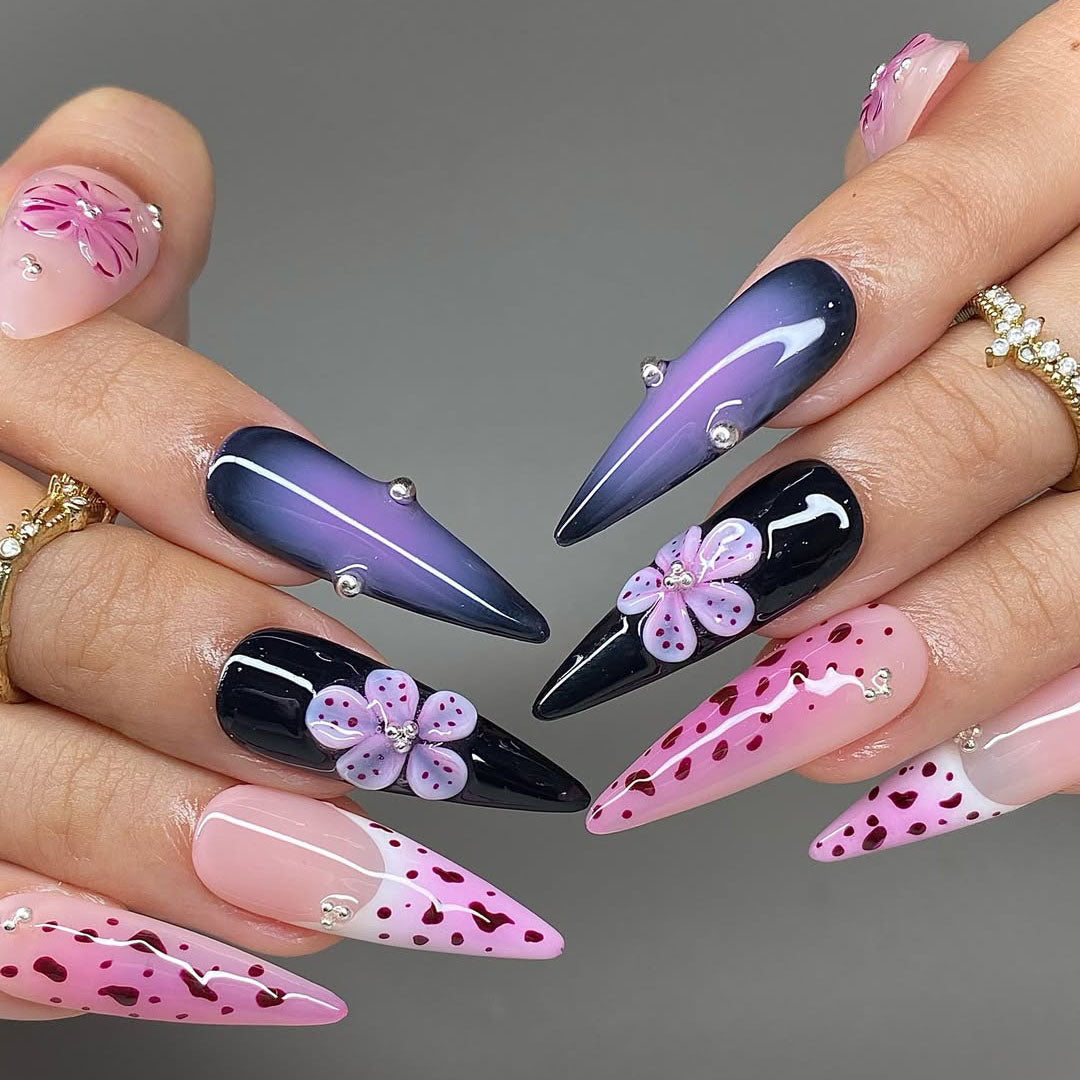 Purple Ombre Floral Press On Nails with Pink Heart Details