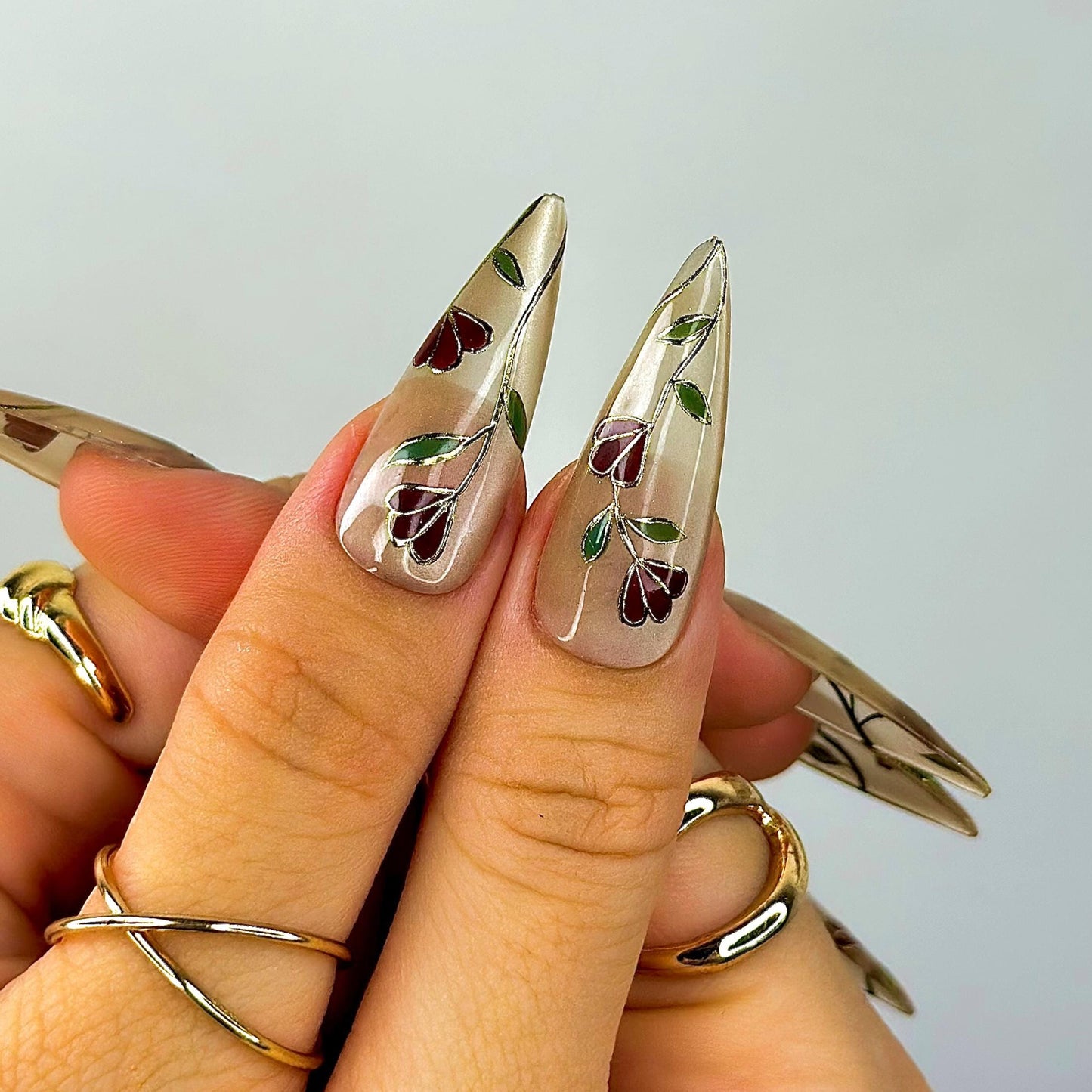Golden Garden Elegance Press On Nails  - Elegant Floral Stiletto Press On Nails