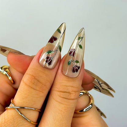 Golden Garden Elegance Press On Nails  - Elegant Floral Stiletto Press On Nails