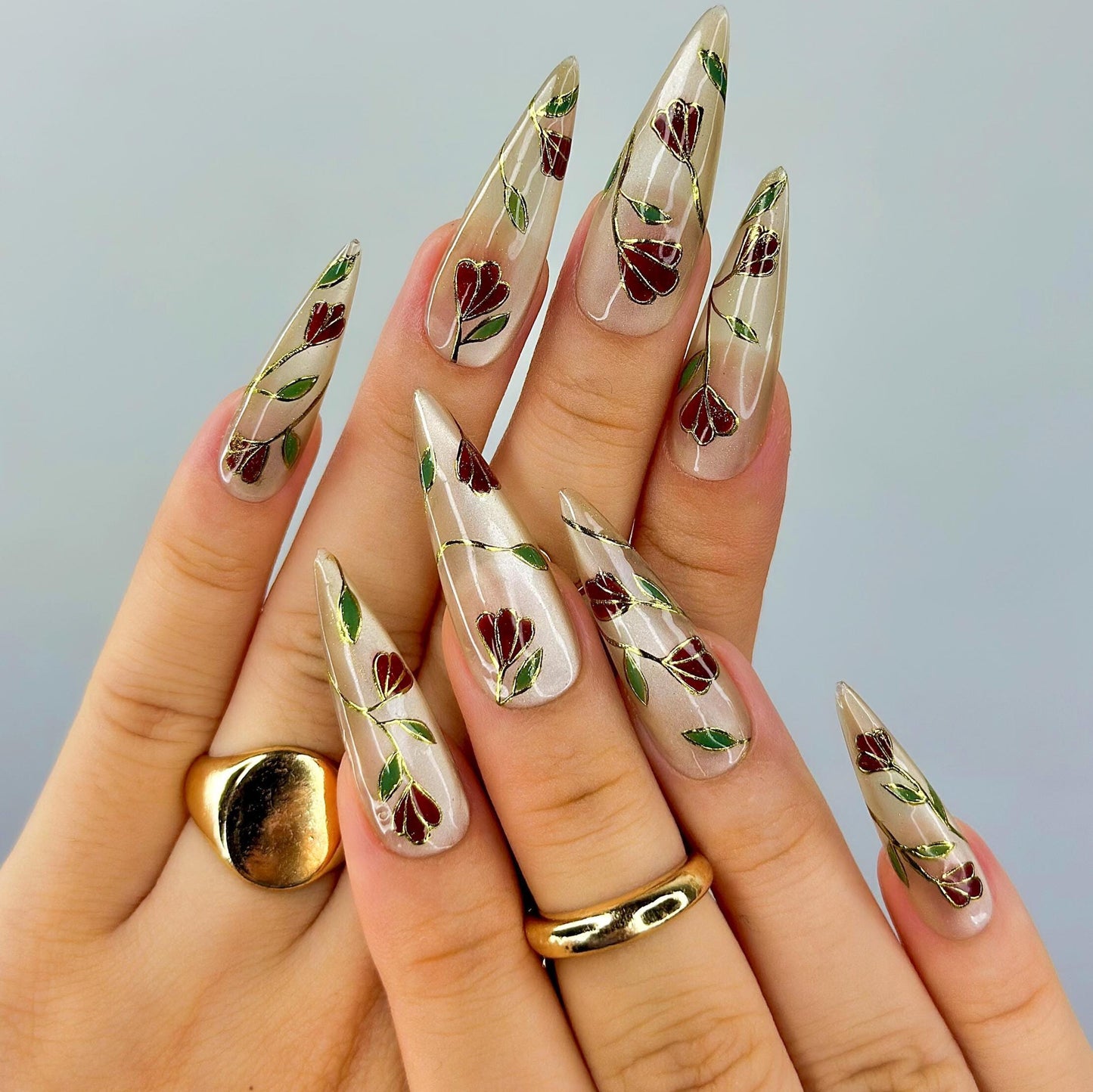 Golden Garden Elegance Press On Nails  - Elegant Floral Stiletto Press On Nails