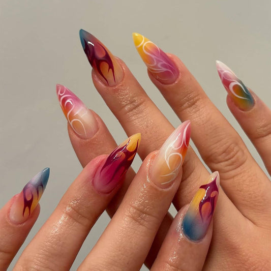 Rainbow Ombre Flame Press-On Nails with Fiery Charm