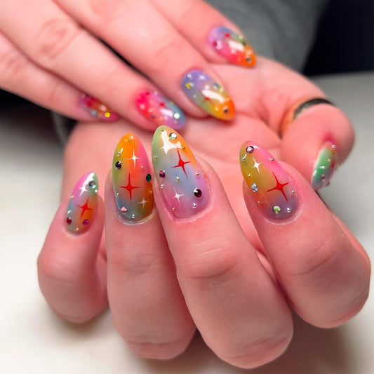 Rainbow Sparkle Press-On Nails with Dazzling Charm.