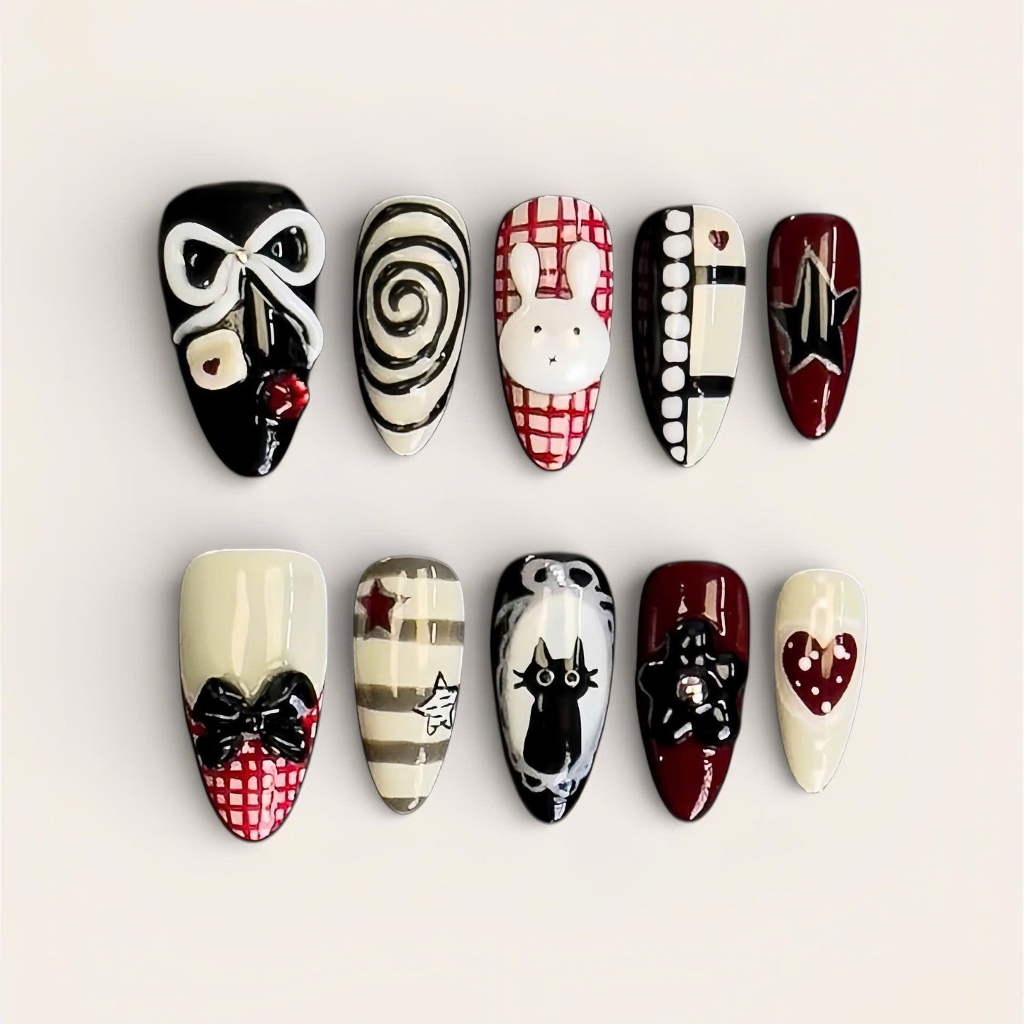 Red Black Cute Graphic Press On Nails Handmade Art Set