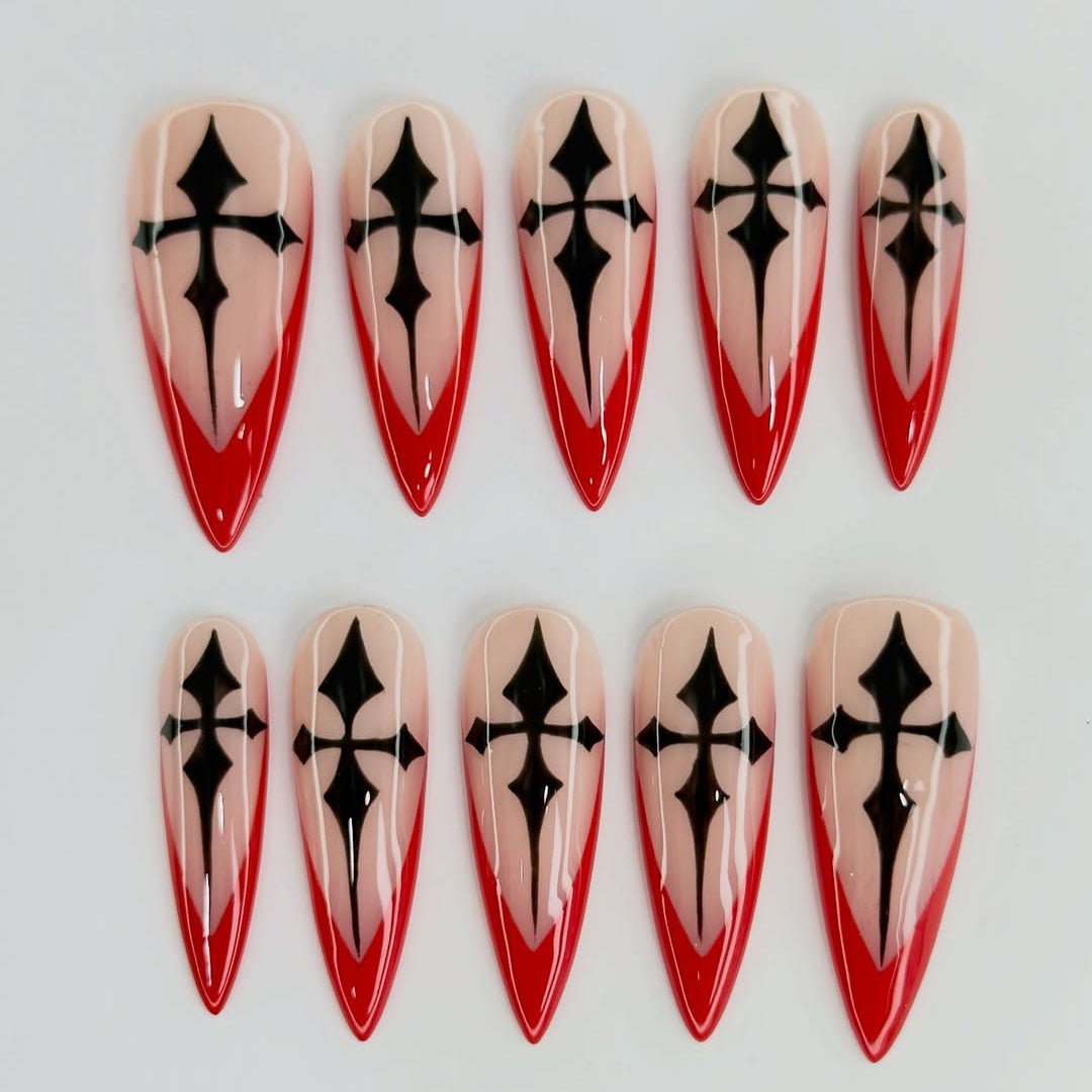 Red Black Gothic Symbol Press On Nail Set Stiletto Design