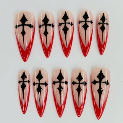 Red Black Gothic Symbol Press On Nail Set Stiletto Design