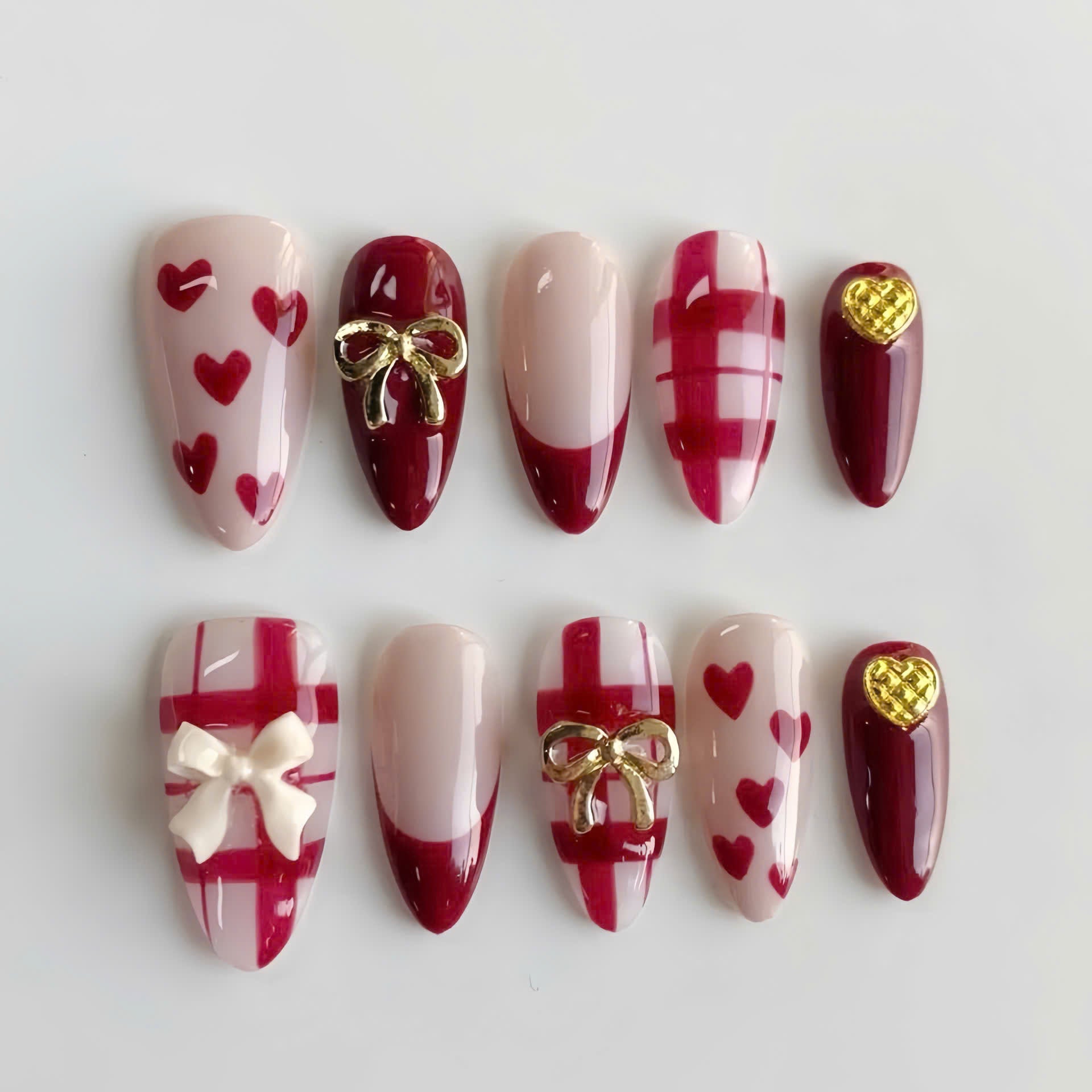 Red Bow Heart Press On Nails Handmade Romantic Gift Set
