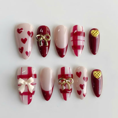 Red Bow Heart Press On Nails Handmade Romantic Gift Set