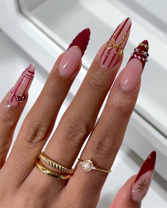 Red Bow Plaid Holiday Press On Nail Set Elegant Winter