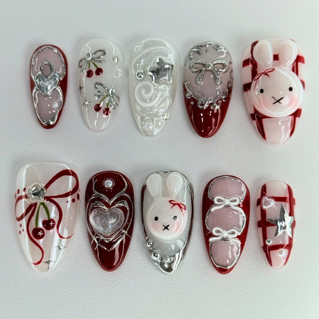 Red Bunny Heart Press On Nails Handmade Cute Gift Set