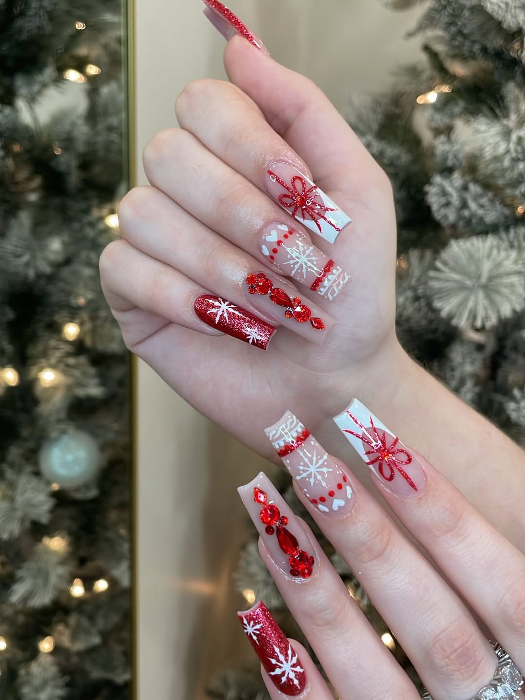 Red Christmas Nail Set Festive Snowflake Bow Design