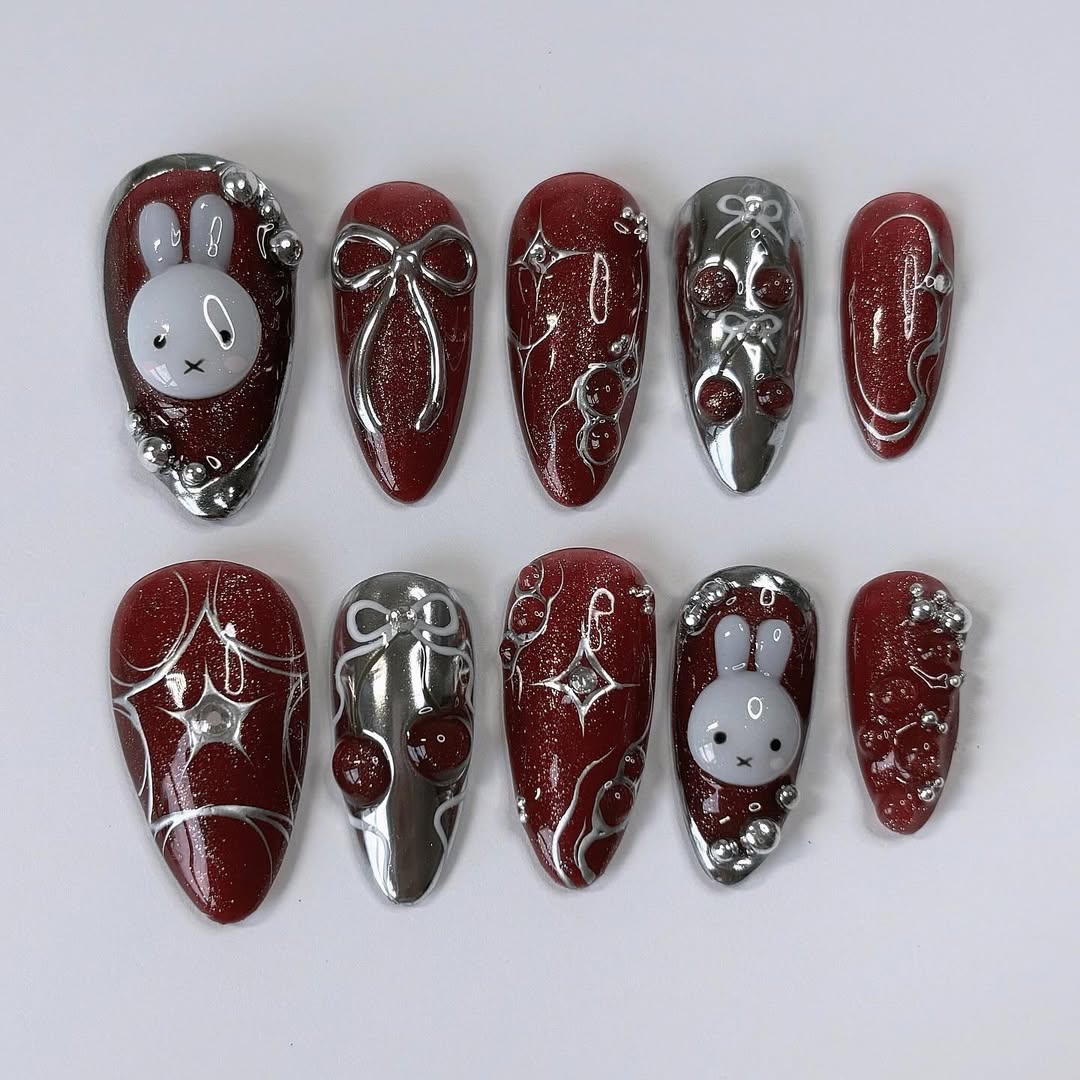 Red Chrome Bunny Press On Nails with Bow and Star Details