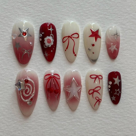 Red Coquette Press On Nails -Red Star Ribbon Press On Nails