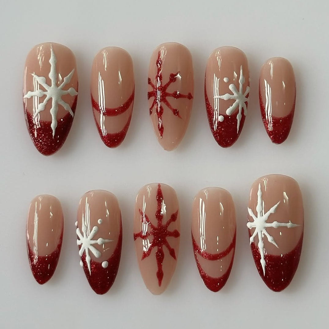 Red Glitter French Nails with White Snowflake Art, Handmade Winter Design