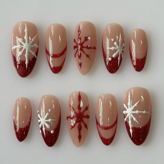 Red Glitter French Nails with White Snowflake Art, Handmade Winter Design