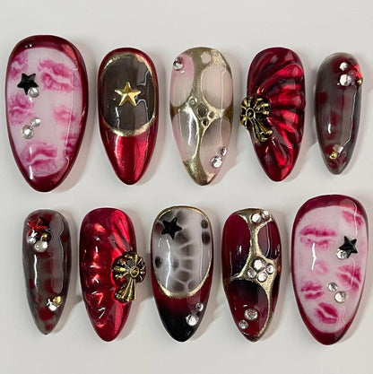 Red Gold Gothic Press On Nails Handmade Long Almond Set