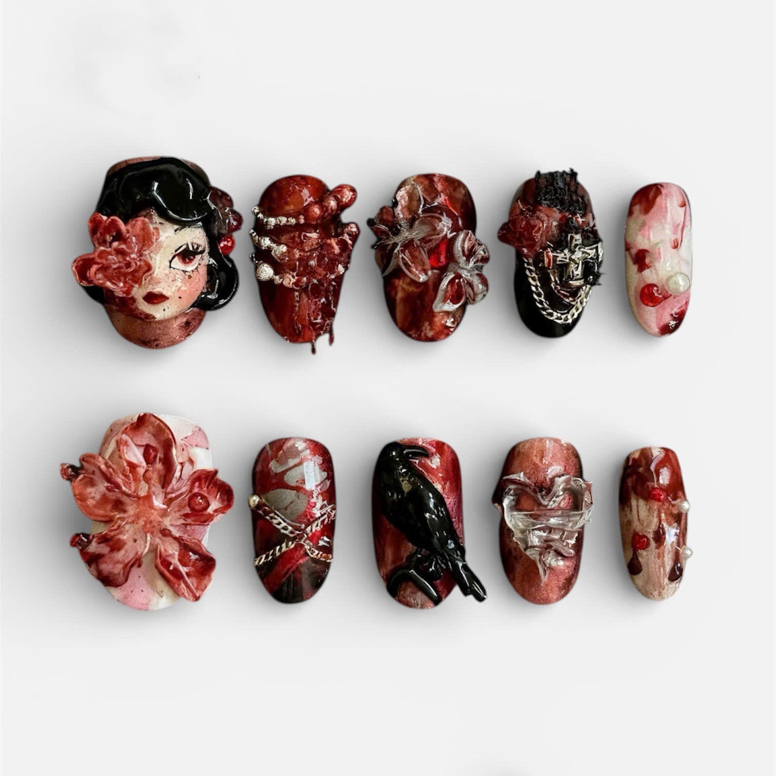 Red Gothic Art Press On Nails Handmade 3D Statement Set