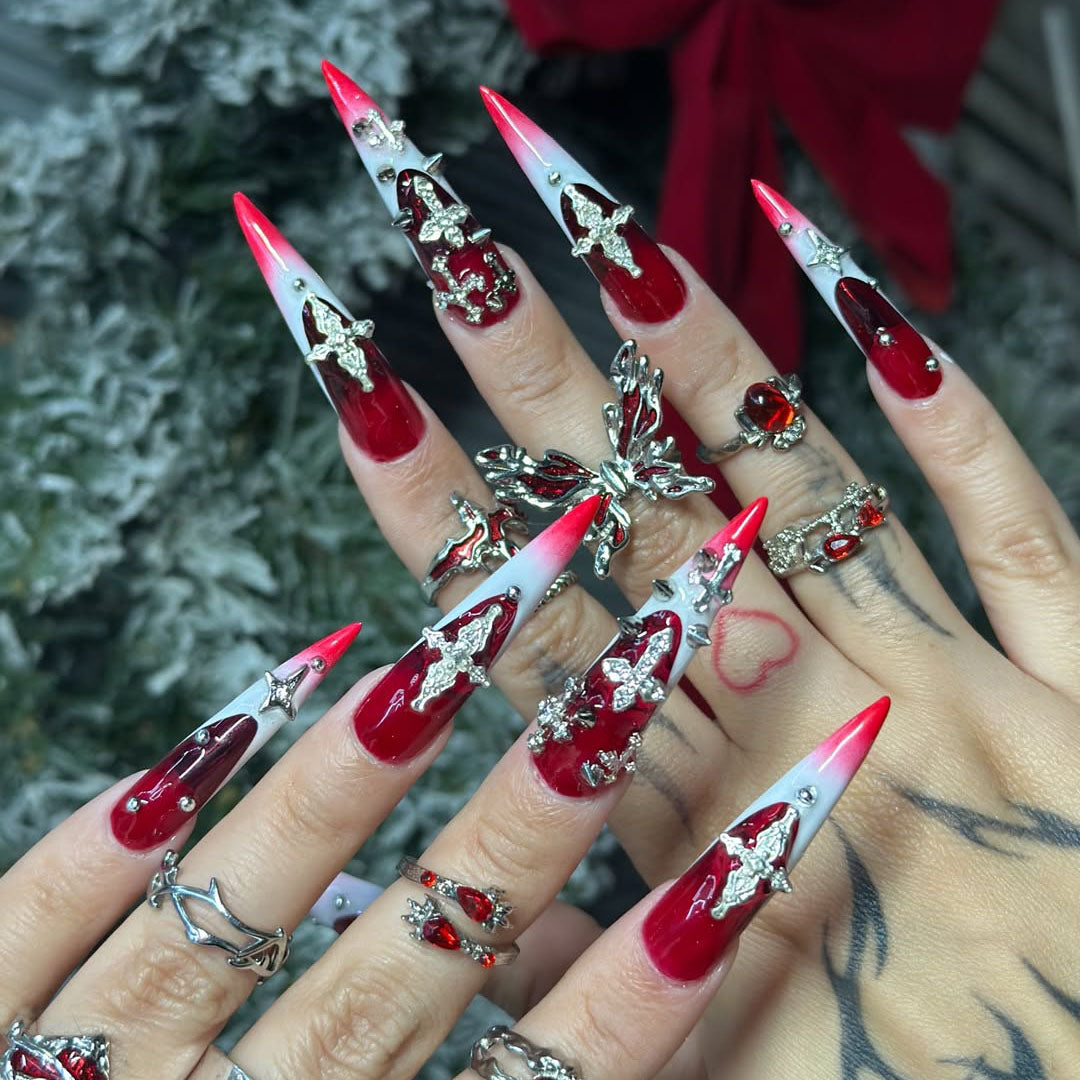 Red Gradient Cross Accent Stiletto Press On Nail Set