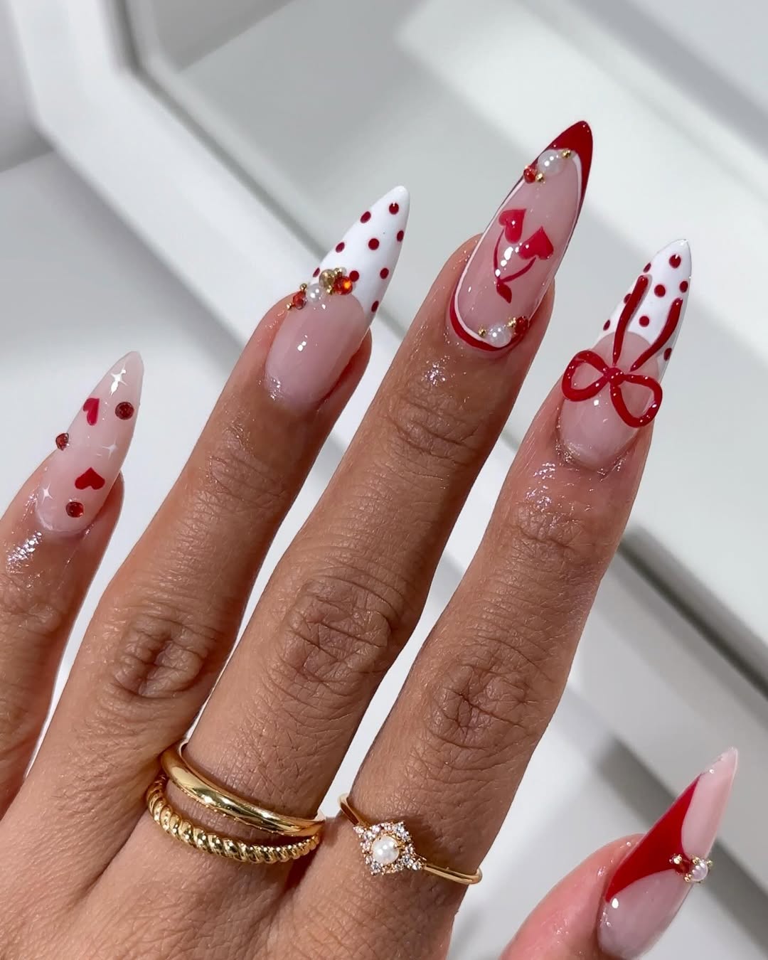 Red Heart Bow Press On Nails Long Stiletto Set