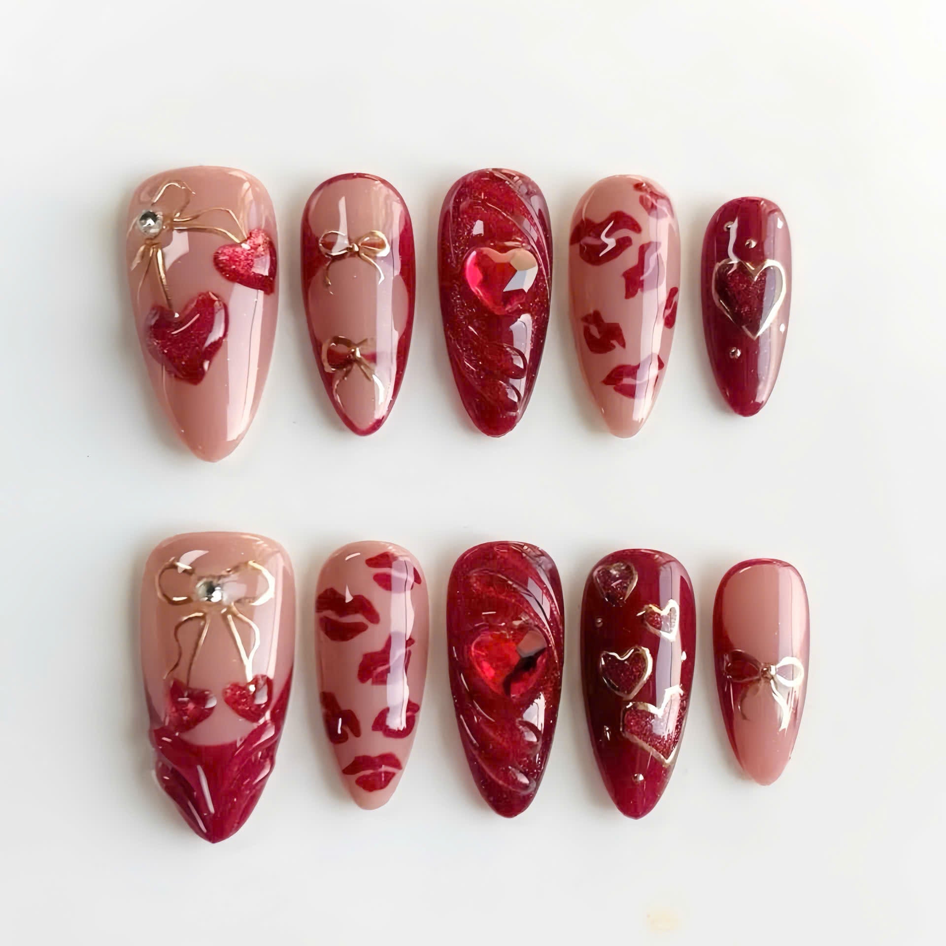 Red Heart Kiss Press On Nails Handmade Romantic Art Set