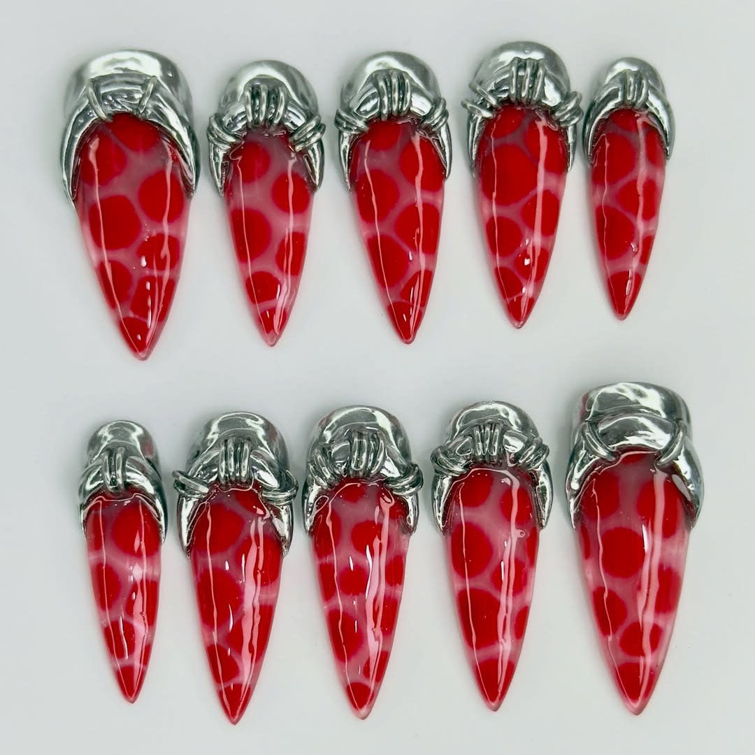 Red Jelly Chrome Press On Nails With Silver 3D Sculpted Frames