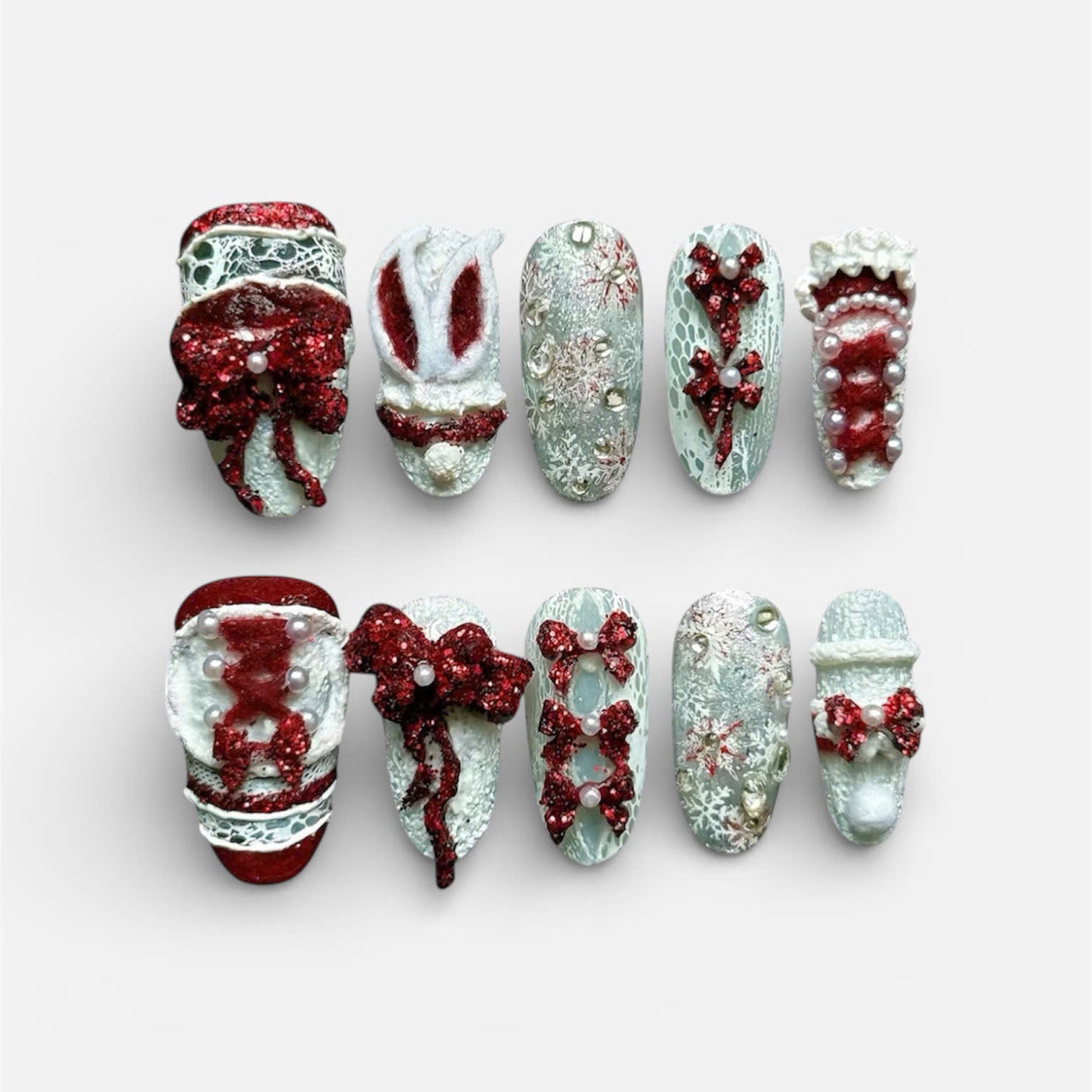 Red Mint Winter Bow Press On Nails Luxury Statement Set
