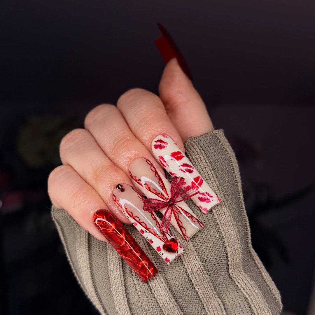 Red Ribbon Heart Press On Nails Romantic Long Nails
