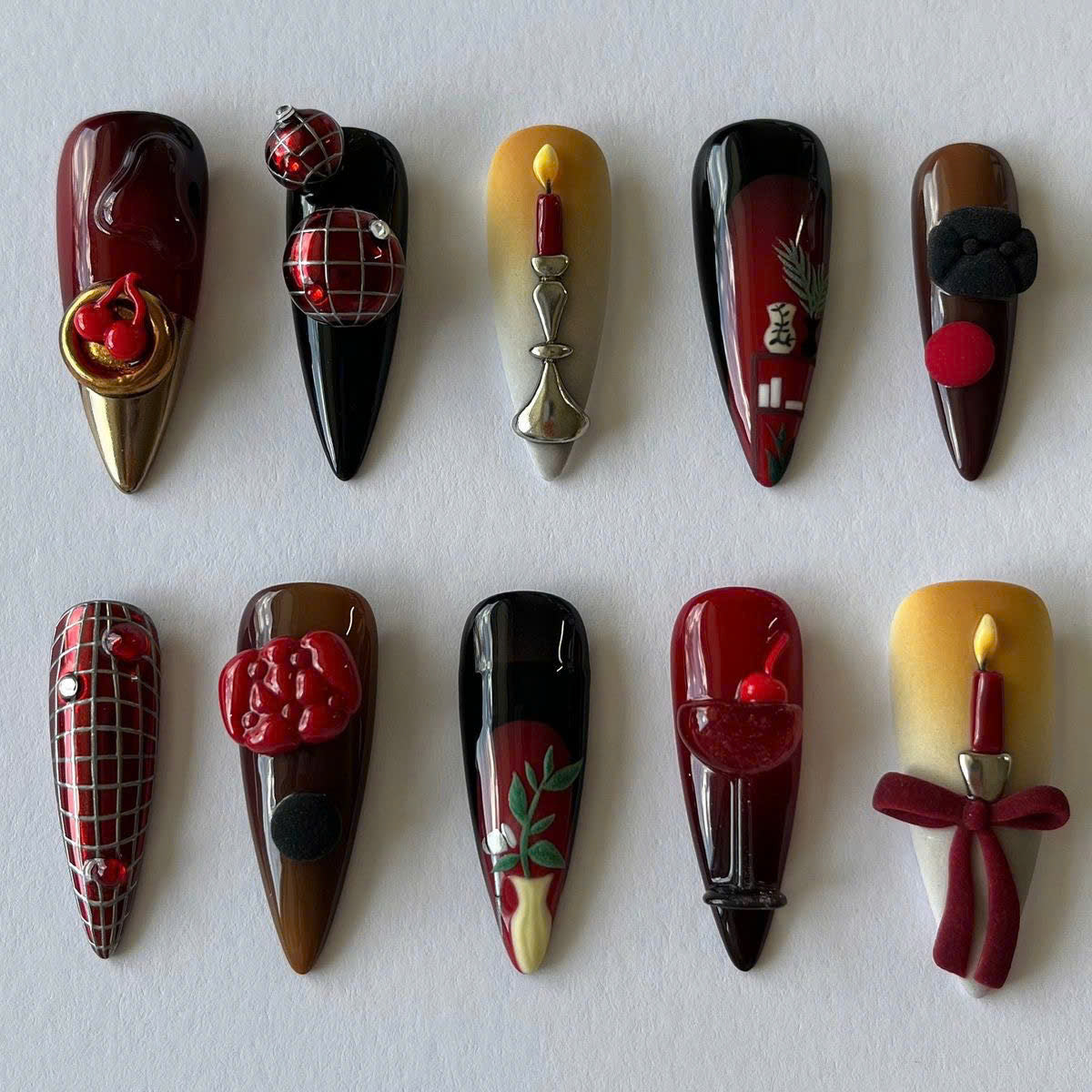 Red and Black Candle Press On Nails with Cherry and Bow Details