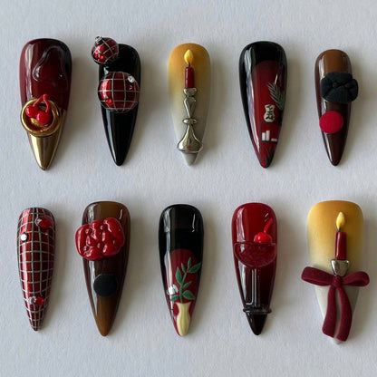 Red and Black Candle Press On Nails with Cherry and Bow Details