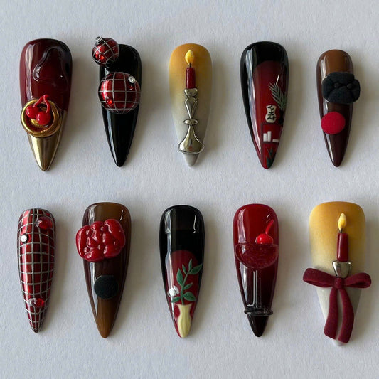 Red and Black Candle Press On Nails with Cherry and Bow Details