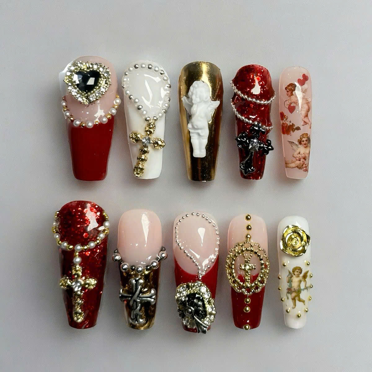 Red and Gold Angel Press On Nails with Pearl and Heart Details