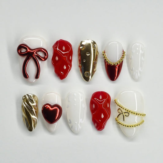 Red and Gold Bow Accent Press On Nails with Heart and Metallic Details