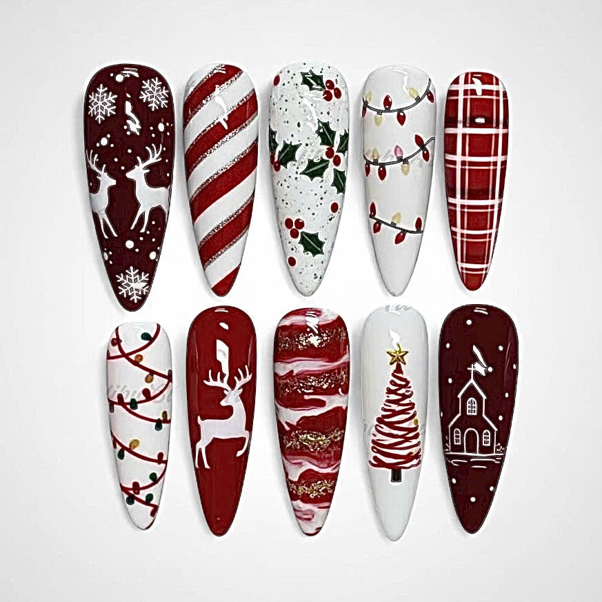 Red and White Christmas Press On Nails with Reindeer and Tree Art
