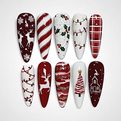 Red and White Christmas Press On Nails with Reindeer and Tree Art